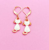 Rose Gold Cute White Cat Earrings, Halloween Jewelry Gift, N2995
