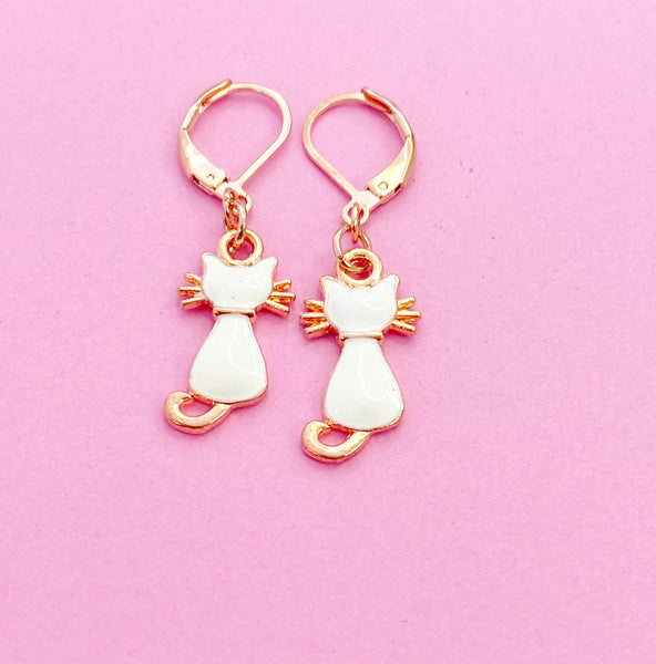 Rose Gold Cute White Cat Earrings, Halloween Jewelry Gift, N2995