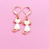 Rose Gold Cute White Cat Earrings, Halloween Jewelry Gift, N2995