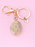 Flower Locket Keychain, Keepsake Photo Frame, Rose Gold Initial Keychain, N4920