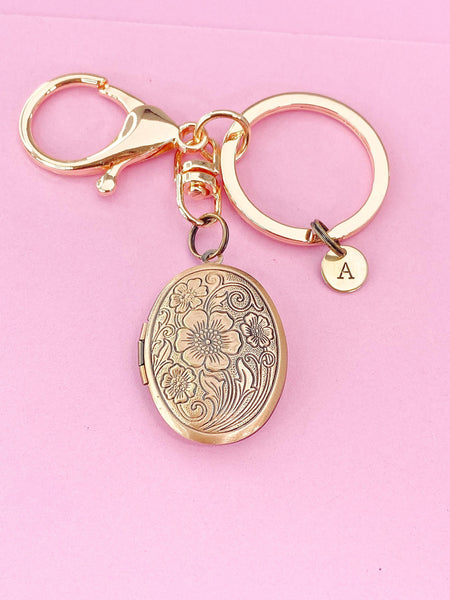 Flower Locket Keychain, Keepsake Photo Frame, Rose Gold Initial Keychain, N4920