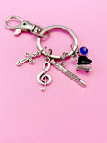 Musician Keychain, Silver Cross Grand Piano, Flute and a Treble Clef Charm, N5700B
