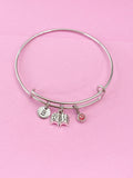 Silver Book Charm Bracelet, Initial, Birthstone, Bookworm Gift, N916