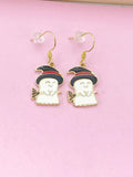 Gold Cute Ghost Witch Hat Broom Charm Earrings, Halloween Earrings, N3688