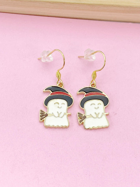 Gold Cute Ghost Witch Hat Broom Charm Earrings, Halloween Earrings, N3688