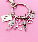 Nursing Keychain, Silver Ace Card, Graduation Cap, Heart Stethoscope, Caduceus, Paw, Initial and Birthstone Charm, Graduation Gift, N5804