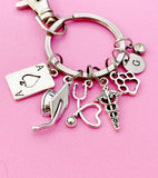 Nursing Keychain, Silver Ace Card, Graduation Cap, Heart Stethoscope, Caduceus, Paw, Initial and Birthstone Charm, Graduation Gift, N5804