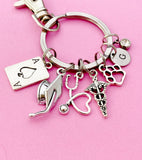 Nursing Keychain, Silver Ace Card, Graduation Cap, Heart Stethoscope, Caduceus, Paw, Initial and Birthstone Charm, Graduation Gift, N5804