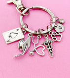 Nursing Keychain, Silver Ace Card, Graduation Cap, Heart Stethoscope, Caduceus, Paw, Initial and Birthstone Charm, Graduation Gift, N5804