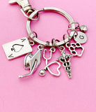 Nursing Keychain, Silver Ace Card, Graduation Cap, Heart Stethoscope, Caduceus, Paw, Initial and Birthstone Charm, Graduation Gift, N5804