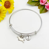 Silver Flying Pig Charm Bangle Bracelet, Initial Charm