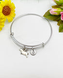 Silver Flying Pig Charm Bangle Bracelet, Initial Charm