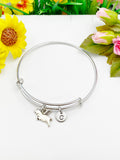 Silver Flying Pig Charm Bangle Bracelet, Initial Charm