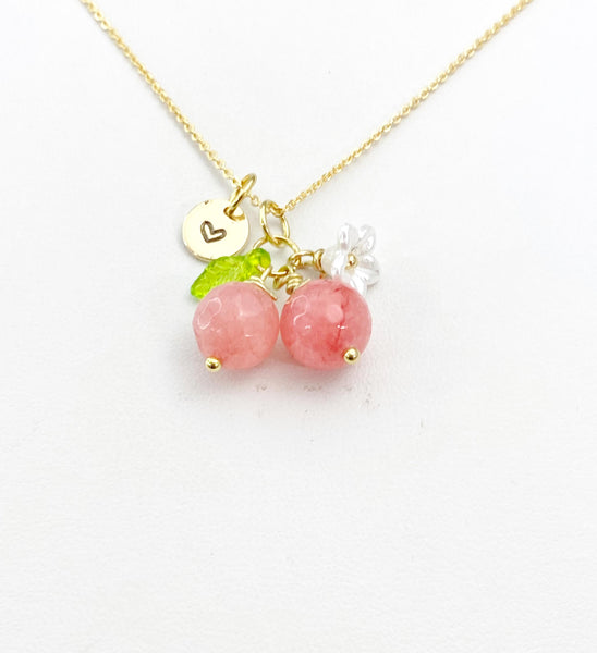 Gold Natural Quartz Necklace, Pink Fruit Green Leaf White Flower Foodie Gemstone Jewelry, N5930