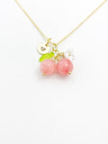 Gold Natural Quartz Necklace, Pink Fruit Green Leaf White Flower Foodie Gemstone Jewelry, N5930