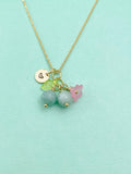 Gold Natural Jade Necklace, Green Jade Fruit Green Leaf Pink Flower Foodie Gemstone Jewelry, N5931