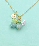 Gold Natural Jade Necklace, Green Jade Fruit Green Leaf White Flower Foodie Gemstone Jewelry, N5931A
