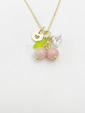 Gold Natural Pink Opal Necklace, Pink Fruit Green Leaf White Flower Foodie Gemstone Jewelry, N5932