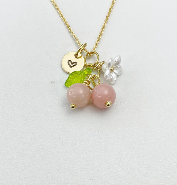 Gold Natural Pink Opal Necklace, Pink Fruit Green Leaf White Flower Foodie Gemstone Jewelry, N5932