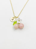 Gold Natural Pink Opal Necklace, Pink Fruit Green Leaf White Flower Foodie Gemstone Jewelry, N5932