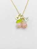 Gold Natural Pink Opal Necklace, Pink Fruit Green Leaf White Flower Foodie Gemstone Jewelry, N5932