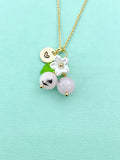 Gold Natural Plum Blossom Jasper Necklace, Pink Fruit Green Leaf White Flower Foodie Gemstone Jewelry, N5933