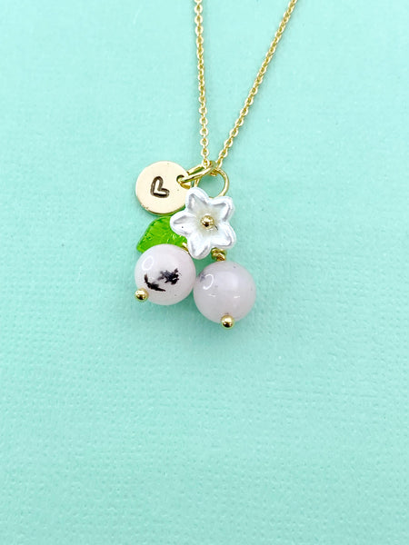 Gold Natural Plum Blossom Jasper Necklace, Pink Fruit Green Leaf White Flower Foodie Gemstone Jewelry, N5933