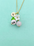 Gold Natural Plum Blossom Jasper Necklace, Pink Fruit Green Leaf White Flower Foodie Gemstone Jewelry, N5933