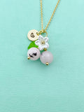 Gold Natural Plum Blossom Jasper Necklace, Pink Fruit Green Leaf White Flower Foodie Gemstone Jewelry, N5933