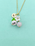 Gold Natural Plum Blossom Jasper Necklace, Pink Fruit Green Leaf White Flower Foodie Gemstone Jewelry, N5933