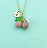 Gold Natural Rhodonite Necklace, Pink Fruit Green Leaf White Flower Foodie Gemstone Jewelry, N5934