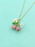 Gold Natural Rhodonite Necklace, Pink Fruit Green Leaf White Flower Foodie Gemstone Jewelry, N5934