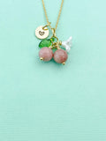 Gold Natural Rhodonite Necklace, Pink Fruit Green Leaf White Flower Foodie Gemstone Jewelry, N5934