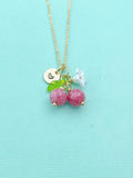 Gold Natural Quartz Necklace, Imitation Rhodochrosite Pink Fruit Green Leaf White Flower Foodie Gemstone Jewelry, N5935