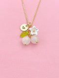 Gold Natural Rose Quartz Necklace, Pink Fruit Green Leaf White Flower Foodie Gemstone Jewelry, N5936