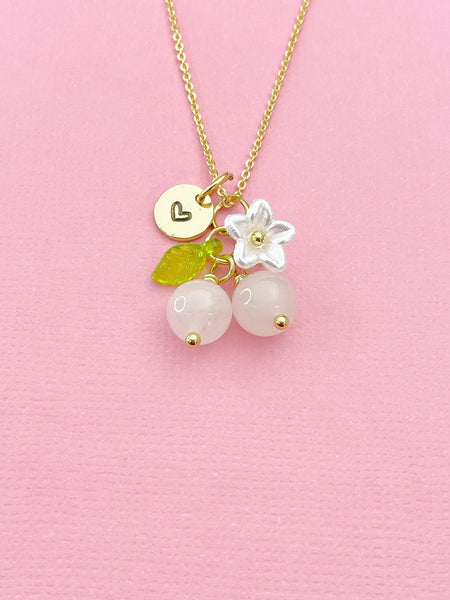 Gold Natural Rose Quartz Necklace, Pink Fruit Green Leaf White Flower Foodie Gemstone Jewelry, N5936