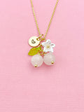 Gold Natural Rose Quartz Necklace, Pink Fruit Green Leaf White Flower Foodie Gemstone Jewelry, N5936