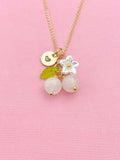 Gold Natural Rose Quartz Necklace, Pink Fruit Green Leaf White Flower Foodie Gemstone Jewelry, N5936