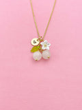 Gold Natural Rose Quartz Necklace, Pink Fruit Green Leaf White Flower Foodie Gemstone Jewelry, N5936
