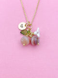 Gold Natural Sardonyx Necklace, Foodie Fruit Green Leaf White Flower, Gemstone Jewelry, N5937