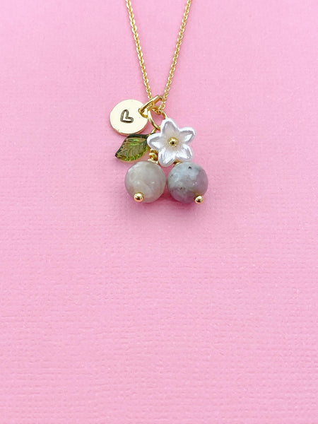 Gold Natural Pink Tourmaline Necklace, Foodie Fruit Green Leaf White Flower, Gemstone Jewelry, N5937