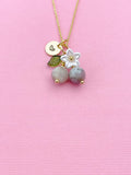 Gold Natural Pink Tourmaline Necklace, Foodie Fruit Green Leaf White Flower, Gemstone Jewelry, N5937