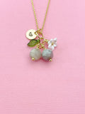 Gold Natural Pink Tourmaline Necklace, Foodie Fruit Green Leaf White Flower, Gemstone Jewelry, N5937