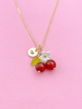 Gold Natural Carnelian Necklace, Foodie Fruit Green Leaf White Flower, Gemstone Jewelry, N5938