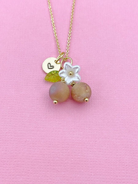 Gold Natural Druzy Geode Agate Necklace, Foodie Fruit Green Leaf White Flower, Gemstone Jewelry, N5939