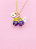 Gold Natural Amethyst Necklace, Foodie Fruit Green Leaf White Flower, Gemstone Jewelry, N5941