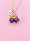 Gold Natural Amethyst Necklace, Foodie Fruit Green Leaf White Flower, Gemstone Jewelry, N5941
