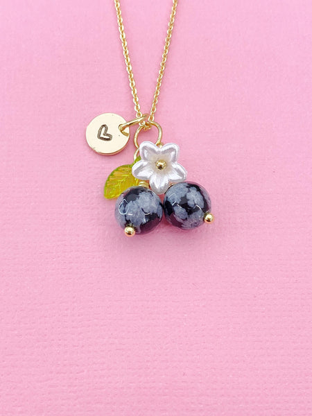 Gold Natural Snowflake Obsidian Necklace, Foodie Fruit Green Leaf White Flower, Gemstone Jewelry, N5943