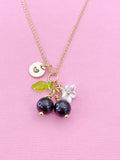 Gold Natural Garnet Necklace, Foodie Fruit Green Leaf White Flower, Gemstone Jewelry, N5944