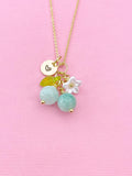 Gold Natural Jade Necklace, Green Jade Fruit Green Leaf White Flower Foodie Gemstone Jewelry, N5946